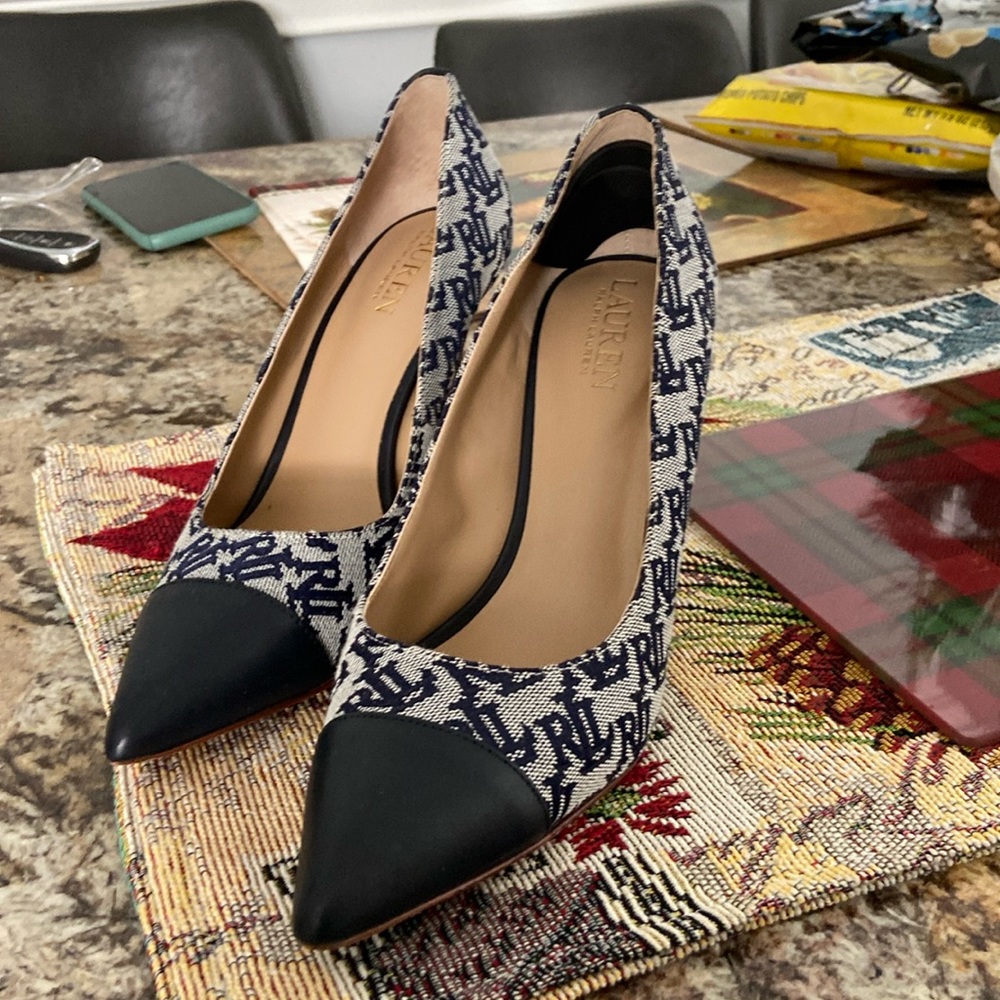 Ralph Lauren size 7  3 1/2 inch wood heel material with RLL leather front back